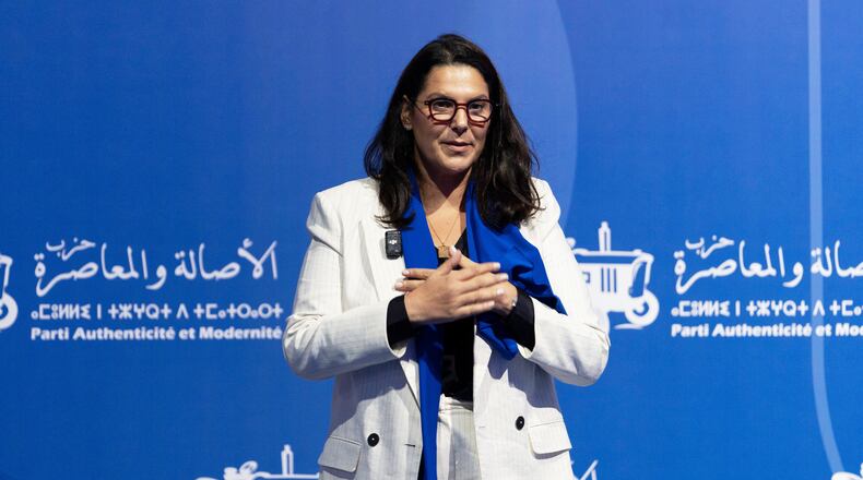 Fatima Ezzahra El Mansouri, Moroccan minister, politician and mayor of Marrakech, takes part in an electoral rally for Authenticity and Modernity Party (PAM) ahead of the upcoming legislative elections, in Tangier, Morocco, Wednesday, Sept. 16, 2026. (AP Photo/Mosa'ab Elshamy)