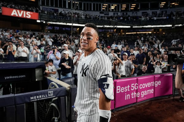New York Yankees designated hitter Aaron Judge looks on after winning a baseball game against the Seattle Mariners, Thursday, July 10, 2025, in New York. (AP Photo/Yuki Iwamura)