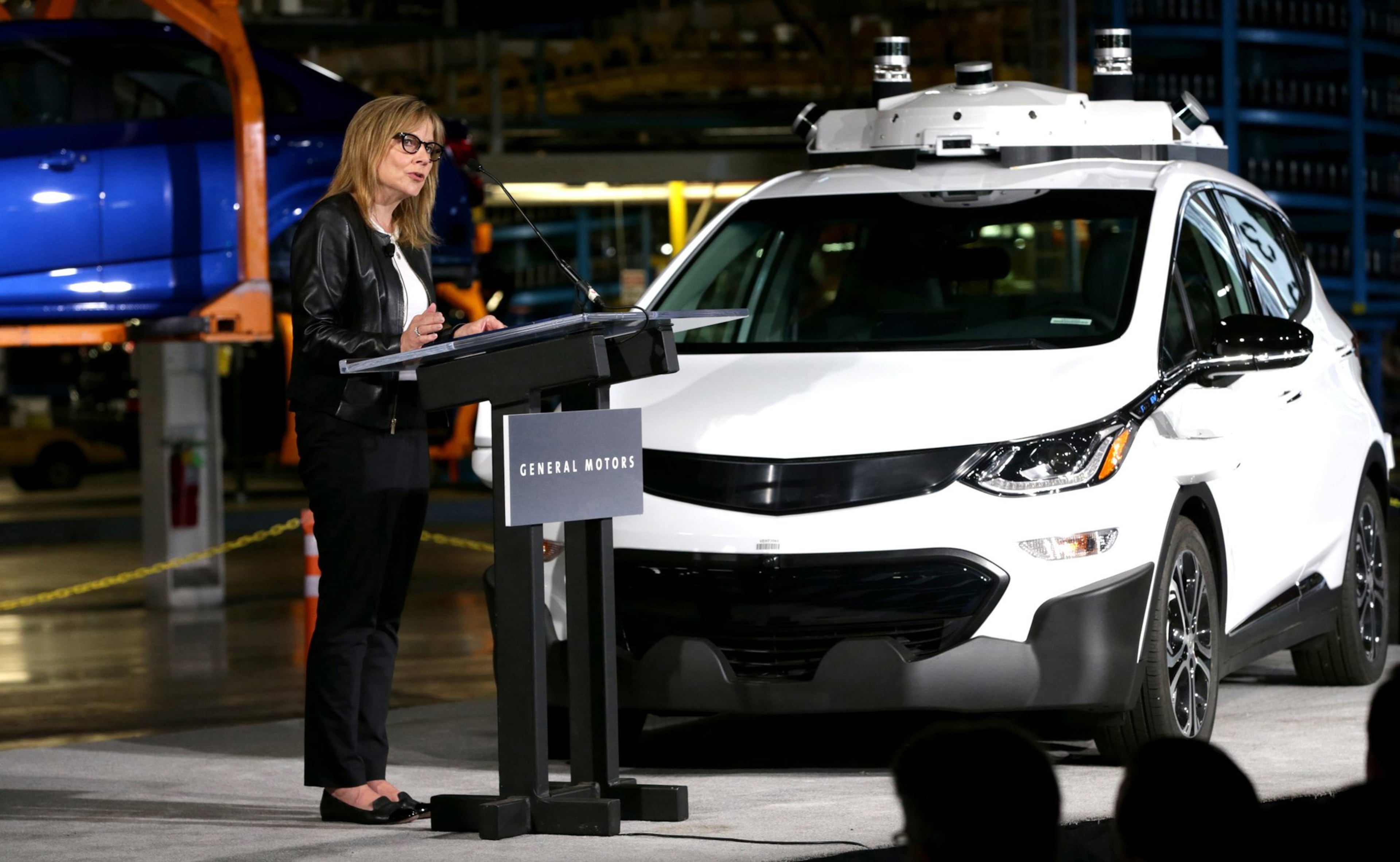 Mary Barra, chairman and CEO of General Motors,  announced in 2017 the company had completed production of 130 Chevrolet Bolt EV test vehicles equipped with its next generation of self-driving technology. Recently, however, Barra said that with “an evolving regulatory framework and the end of the federal consumer incentives, it’s clear that near-term EV adoption will be much lower than planned.” (Eric Seals/Detroit Free Press/TNS)