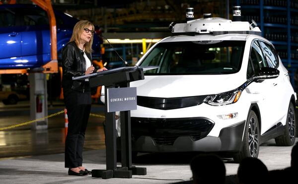 Mary Barra, chairman and CEO of General Motors,  announced in 2017 the company had completed production of 130 Chevrolet Bolt EV test vehicles equipped with its next generation of self-driving technology. Recently, however, Barra said that with “an evolving regulatory framework and the end of the federal consumer incentives, it’s clear that near-term EV adoption will be much lower than planned.” (Eric Seals/Detroit Free Press/TNS)