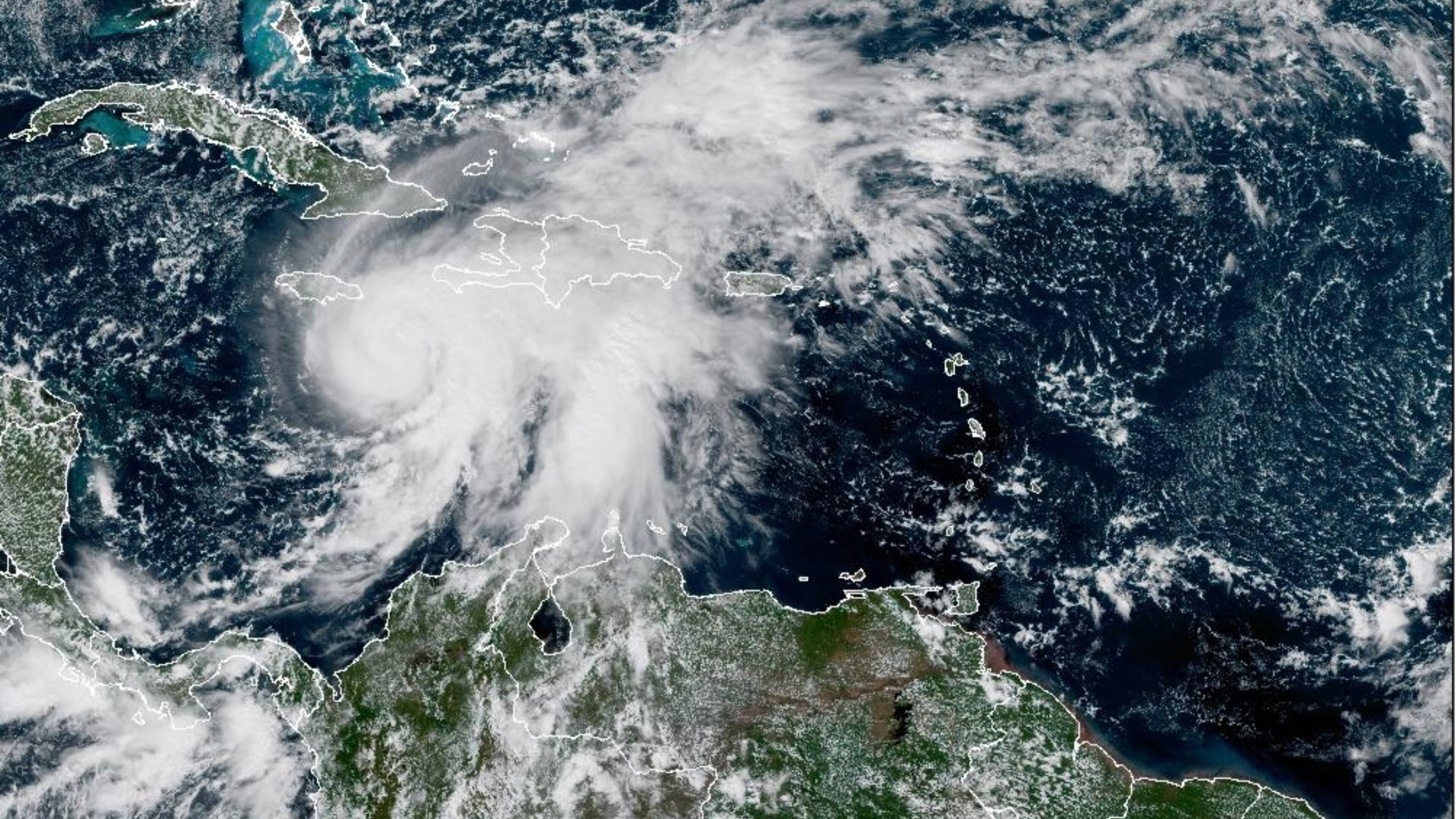 This satellite image provided by NOAA shows Tropical Storm Melissa on Saturday, Oct. 25, 2025. (NOAA via AP)