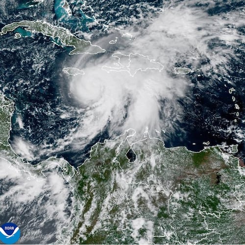 This satellite image provided by NOAA shows Tropical Storm Melissa on Saturday, Oct. 25, 2025. (NOAA via AP)