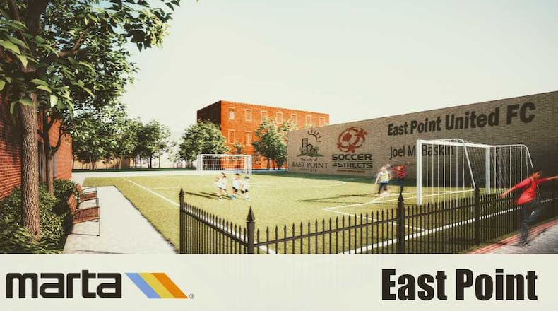 This is a rendering of the soccer field that will appear just outside the East Point MARTA stop. It is the third of a planned 10 Station Soccer fields to be built along the train line.
