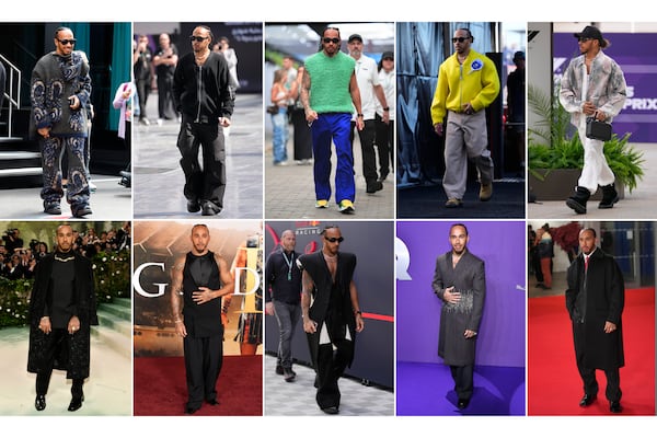 This combination photo shows various fashion worn by Formula One driver Lewis Hamilton. (AP Photo)