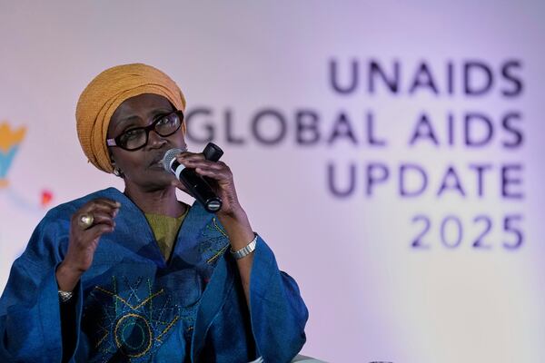 Winnie Byanyima, Executive Director of UNAIDS and Under-Secretary-General of the United Nations, speaks during the UNAIDS report release at Bertha Gxowa Hospital in Germiston, South Africa, Thursday, July 10, 2025. (AP Photo/Themba Hadebe)