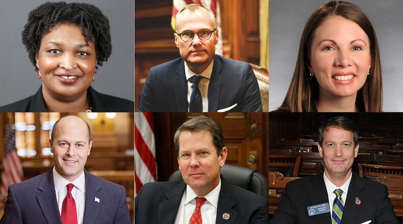 The six declared candidates in the 2018 Georgia governor’s race: (top row, from left) former state House Minority Leader Stacey Abrams, Democrat; Lt. Gov. Casey Cagle, Republican; state Rep. Stacey Evans, Democrat; (bottom row, from left) state Sen. Hunter Hill, Republican; Georgia Secretary of State Brian Kemp, Republican; state Sen. Michael Williams, Republican.