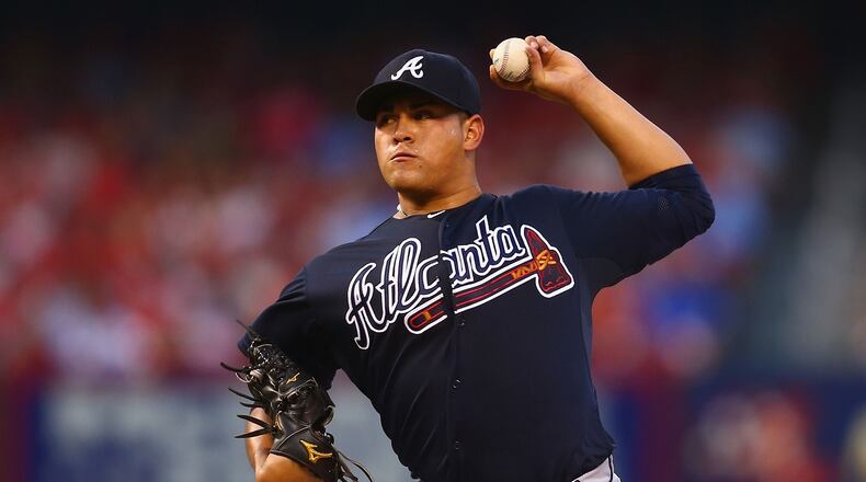 Starter Manny Banuelos #60 of the Atlanta Braves pitches against the St. Louis Cardinals in the first inning at Busch Stadium on July 24, 2015 in St. Louis, Missouri. (Photo by Dilip Vishwanat/Getty Images)