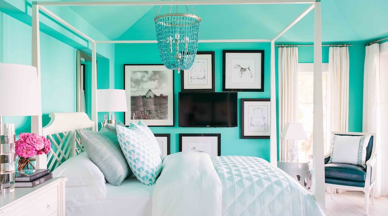 While the main spaces are kept light and neutral, Designer Brian Patrick Flynn decided to go bold in the HGTV Dream Home master bedroom using a bright shade of blue-green called Thai Teal from Glidden on its walls and ceiling. Contributed by HGTV/Rustic White Photography