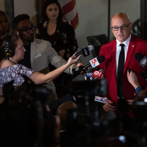 Missouri Secretary of State Denny Hoskins speaks to members of the press after his contempt hearing at the Missouri Supreme Court in Jefferson City, Mo., Thursday, Sept. 10, 2026. (Liz Rymarev/St. Louis Post-Dispatch via AP, Pool)