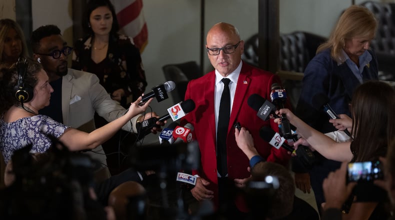 Missouri Secretary of State Denny Hoskins speaks to members of the press after his contempt hearing at the Missouri Supreme Court in Jefferson City, Mo., Thursday, Sept. 10, 2026. (Liz Rymarev/St. Louis Post-Dispatch via AP, Pool)