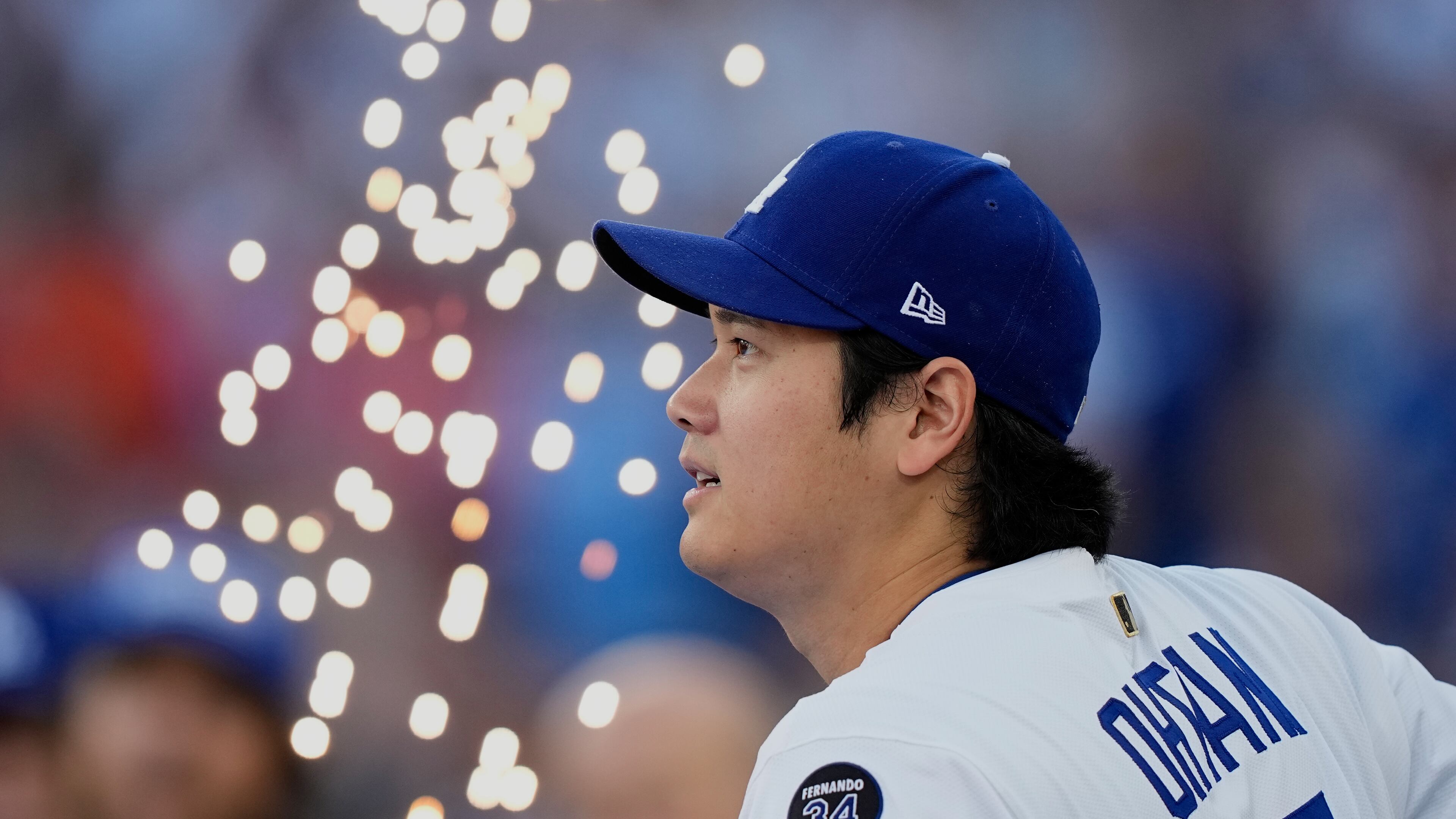 Los Angeles Dodgers' Shohei Ohtani is introduced before Game 3 of baseball's World Series against the Toronto Blue Jays, Monday, Oct. 27, 2025, in Los Angeles. (AP Photo/Brynn Anderson)