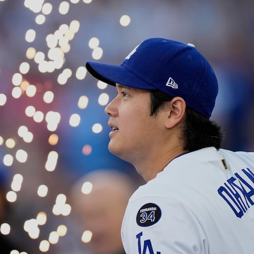 Los Angeles Dodgers' Shohei Ohtani is introduced before Game 3 of baseball's World Series against the Toronto Blue Jays, Monday, Oct. 27, 2025, in Los Angeles. (AP Photo/Brynn Anderson)