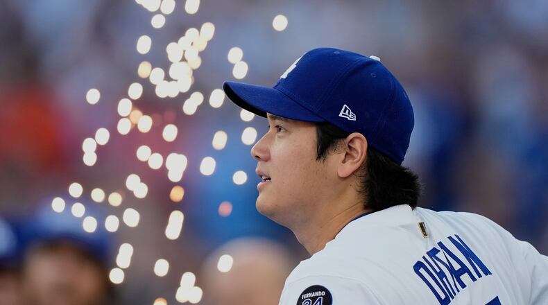 Los Angeles Dodgers' Shohei Ohtani is introduced before Game 3 of baseball's World Series against the Toronto Blue Jays, Monday, Oct. 27, 2025, in Los Angeles. (AP Photo/Brynn Anderson)