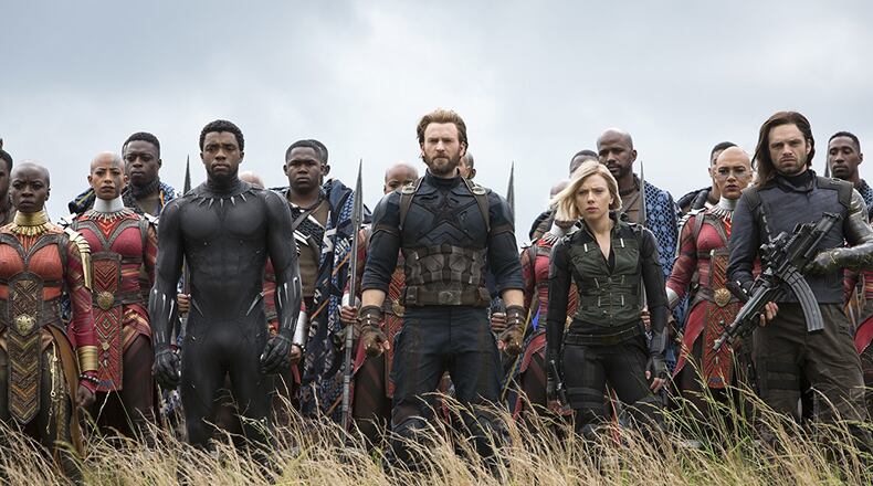 Chris Evans, Scarlett Johansson, Chadwick Boseman, Sebastian Stan, Danai Gurira, Marie Mouroum, and Winston Duke in a still from "Avengers: Infinity War." Photo: Marvel Studios
