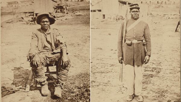 In the spring of 1864, Hubbard Pryor posed (left) after he escaped slavery and then after he enlisted (right) in the Union army's 44th Colored Infantry Regiment. (Courtesy of U.S. National Archives)