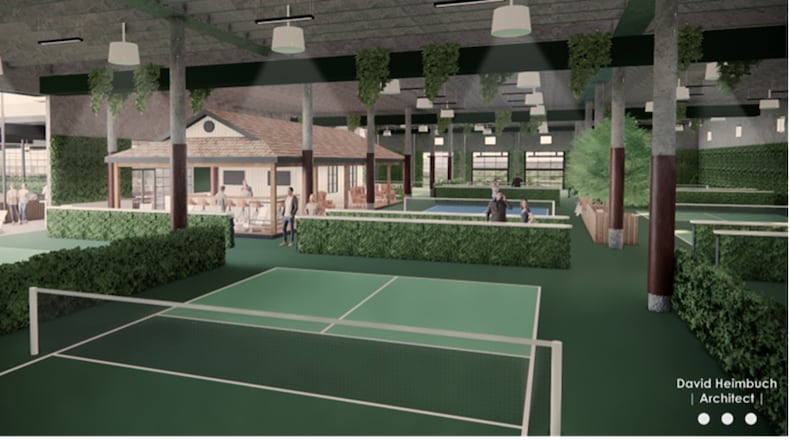 Painted Pickle, a new pickleball-themed venue from Painted Warehouse, is expected to open on the Northeast BeltLine in December. Exterior and Interior renderings of Painted Pickle.