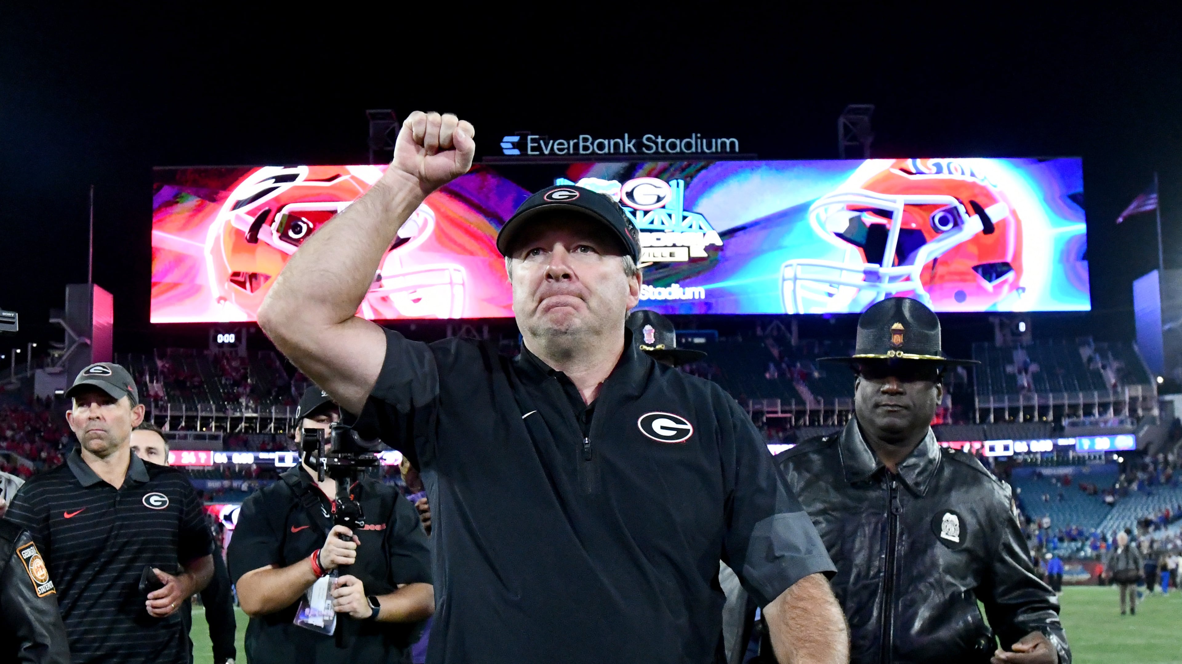 Georgia head coach Kirby Smart celebrates as he leaves the football field during an NCAA football game, Saturday, November 1, 2025, Jacksonville, Fla. Georgia won 24-20 over Florida. (Hyosub Shin / AJC)