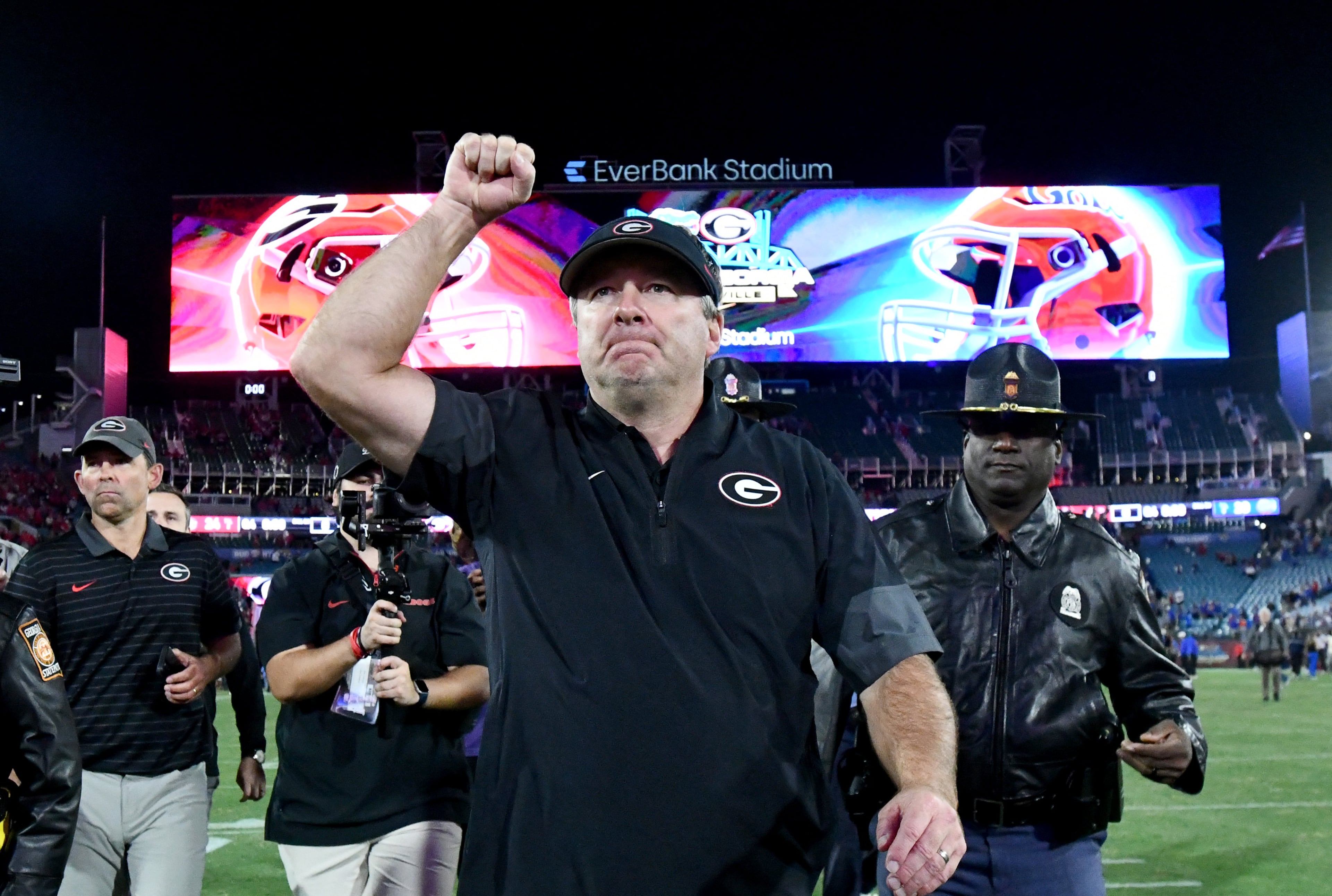 Georgia head coach Kirby Smart celebrates as he leaves the football field during an NCAA football game, Saturday, November 1, 2025, Jacksonville, Fla. Georgia won 24-20 over Florida. (Hyosub Shin / AJC)