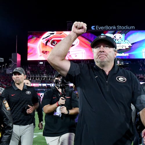 Georgia head coach Kirby Smart celebrates as he leaves the football field during an NCAA football game, Saturday, November 1, 2025, Jacksonville, Fla. Georgia won 24-20 over Florida. (Hyosub Shin / AJC)
