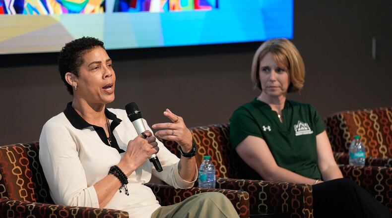Former Basketball player Cheryl Miller speaks beside Julie Church, Delta State women's basketball assistant coach, during an event Thursday, April 2, 2026, in Phoenix. (AP Photo/John Locher)
