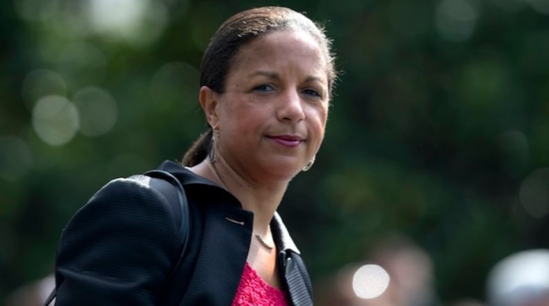 In this July 7, 2016 file photo, National Security Adviser Susan Rice follows President Barack Obama across the South Lawn of the White House in Washington, to board Marine One. (AP Photo/Carolyn Kaster, File)
