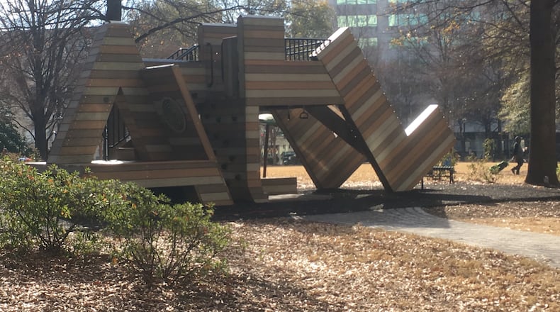 Woodruff Park, with its iconic ATL structure, was the filming location of a huge scene at the end of "Anchorman 2." Photo: Jennifer Brett