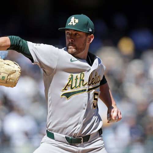 Athletics pitcher Jeffrey Springs throws during the first inning of a baseball game against the New York Yankees, Thursday, April 9, 2026, in New York. (AP Photo/Adam Hunger)