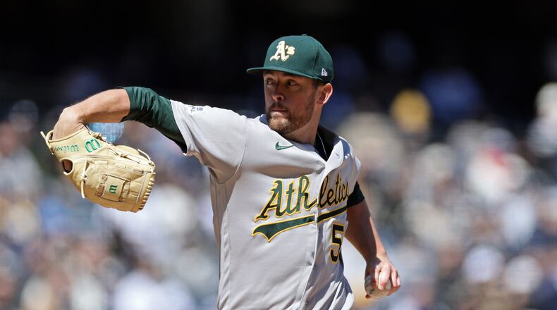 Athletics pitcher Jeffrey Springs throws during the first inning of a baseball game against the New York Yankees, Thursday, April 9, 2026, in New York. (AP Photo/Adam Hunger)