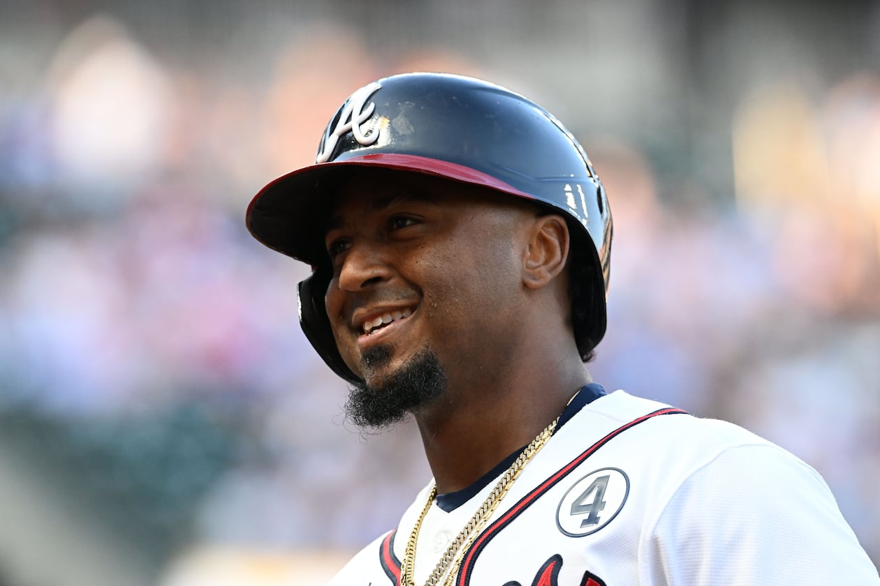Atlanta Braves second baseman Ozzie Albies reacts after hitting a sacrifice fly to score Atlanta Braves center fielder Michael Harris II during the first inning of a baseball game at Truist Park, Tuesday, June 2, 2026, in Atlanta. (Hyosub Shin/AJC)