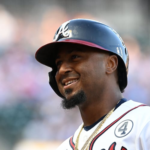 Atlanta Braves second baseman Ozzie Albies reacts after hitting a sacrifice fly to score Atlanta Braves center fielder Michael Harris II during the first inning of a baseball game at Truist Park, Tuesday, June 2, 2026, in Atlanta. (Hyosub Shin/AJC)