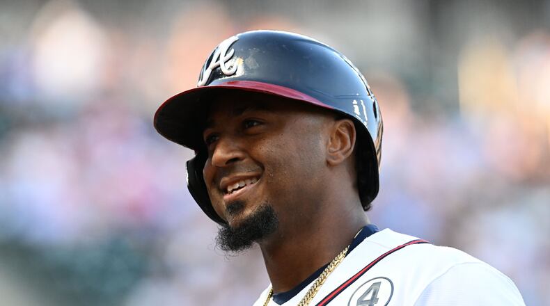 Atlanta Braves second baseman Ozzie Albies reacts after hitting a sacrifice fly to score Atlanta Braves center fielder Michael Harris II during the first inning of a baseball game at Truist Park, Tuesday, June 2, 2026, in Atlanta. (Hyosub Shin/AJC)