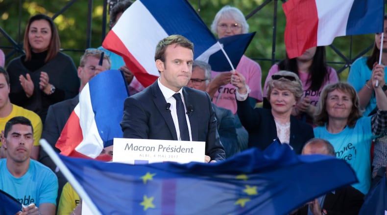 French presidential election candidate Emmanuel Macron delivers a speech during a campaign rally on Thursday.