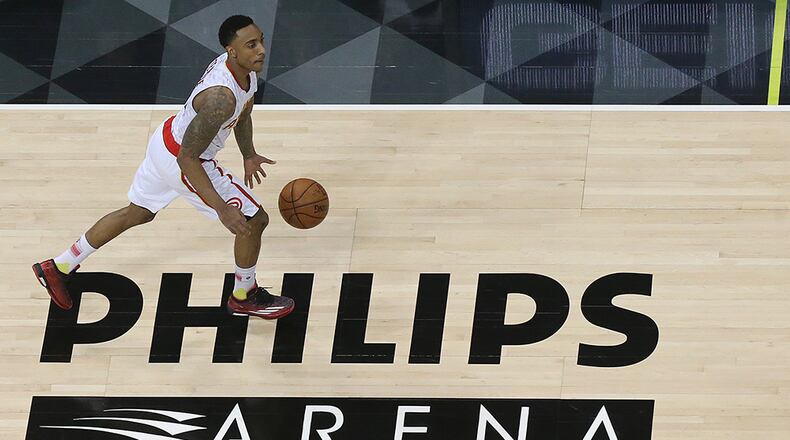 Hawks guard Jeff Teague drives the court in Philips Arena against the Wizards Monday, March 21, 2016, in Atlanta. Teague led the Hawks with 23 points.