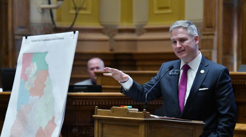 Sen. John Kennedy (R-Macon) presents newly drawn congressional maps in the Senate during a special session at the Georgia State Capitol in Atlanta on Friday, November 19, 2021. (Hyosub Shin / Hyosub.Shin@ajc.com)