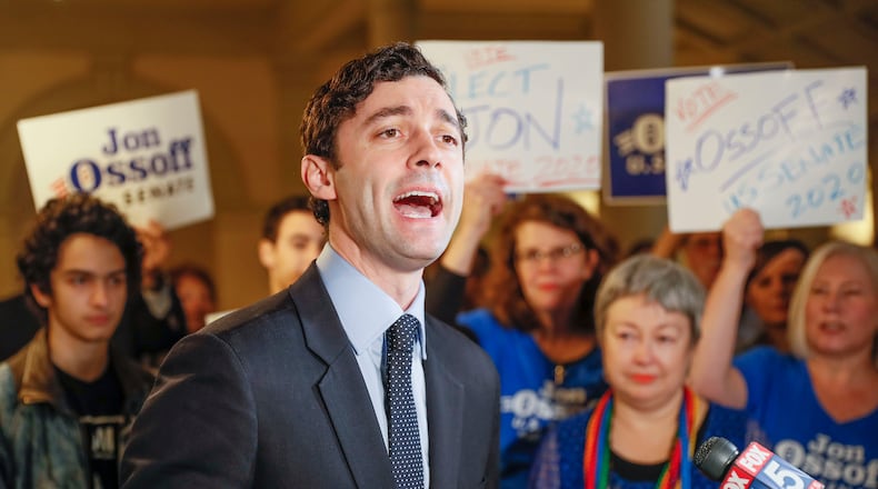 ELECTION QUALIFYING || March 4, 2020, Atlanta: Jon Ossoff speaks media and supporters after he qualified to run in the Senate race against Sen. David Perdue. (Bob Andres / robert.andres@ajc.com)