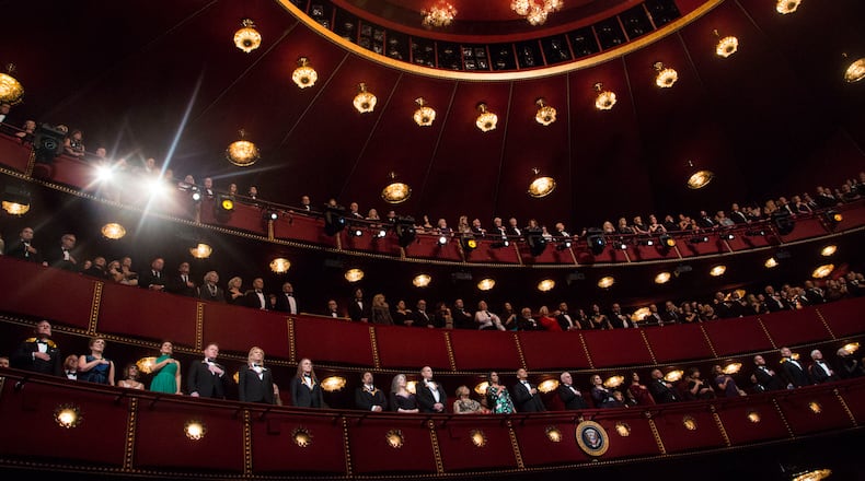 WASHINGTON, DC - DECEMBER 4: President Barack Obama, first lady Michelle Obama and the honorees listen to the US National Anthem during the Kennedy Center Honors show December 4, 2016 at the Kennedy Center in Washington, DC. (Photo by Aude Guerrucci-Pool/Getty Images)