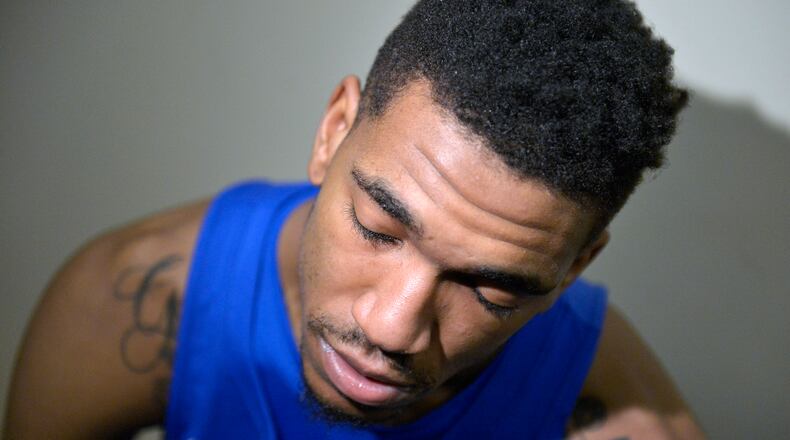 Kentucky guard Malik Monk answers questions as he is interviewed in the locker room after Kentucky lost to North Carolina 75-73 in the South Regional Sunday, March 26, 2017, in Memphis, Tenn.