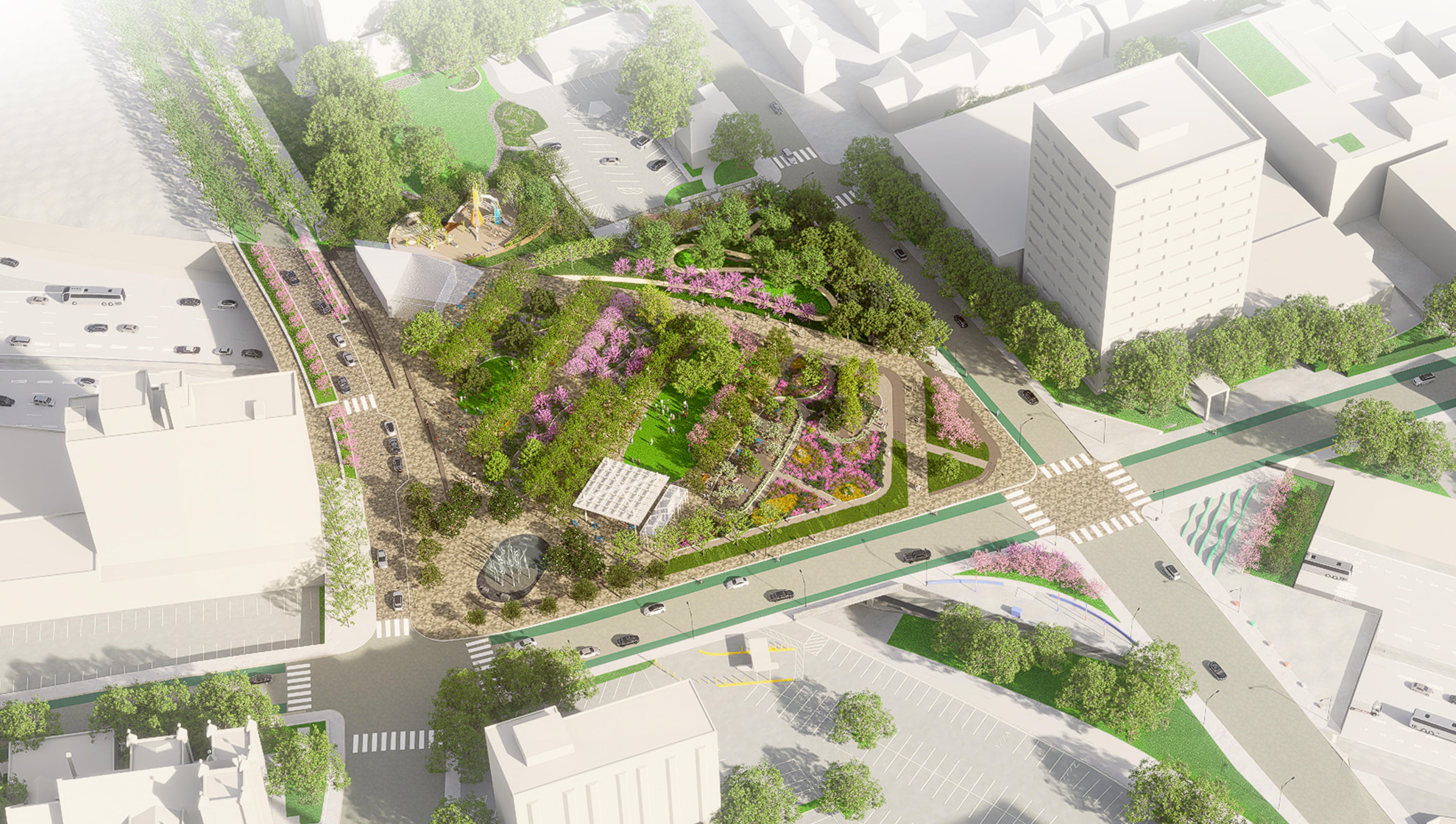 This aerial rendering of the first phase of The Stitch in downtown Atlanta — unveiled last week — shows a planned public space called Fog Forest. (Courtesy of Atlanta Downtown Improvement District)