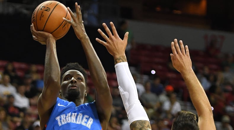 Daniel Hamiltonof the Oklahoma City Thunder shoots against the Charlotte Hornets during the 2018 NBA Summer League at the Thomas & Mack Center on July 6, 2018 in Las Vegas, Nevada.  (Photo by Ethan Miller/Getty Images)