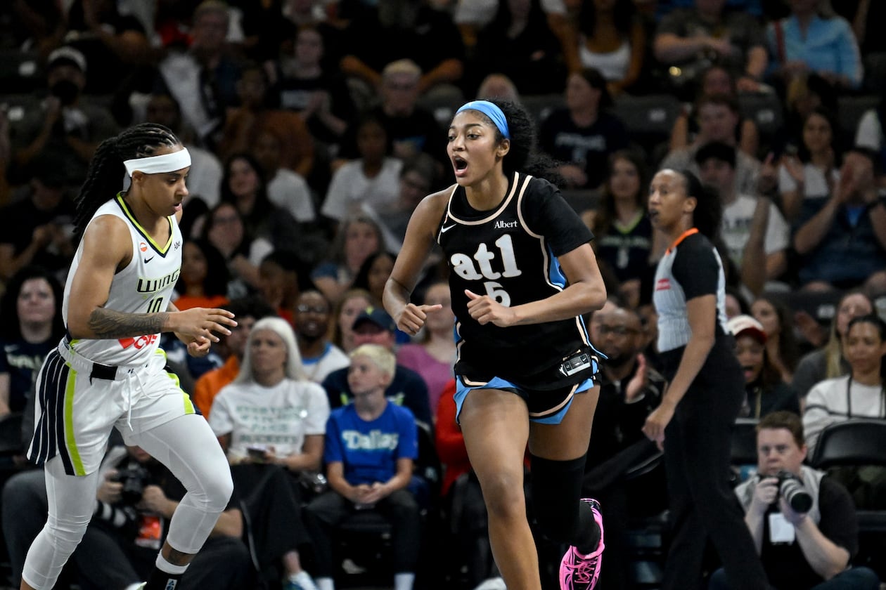 Atlanta Dream forward Angel Reese reacts after scoring during the first half in a WNBA basketball game at Gateway Center Arena on Friday, May 22, 2026, in Atlanta. (Hyosub Shin/AJC)