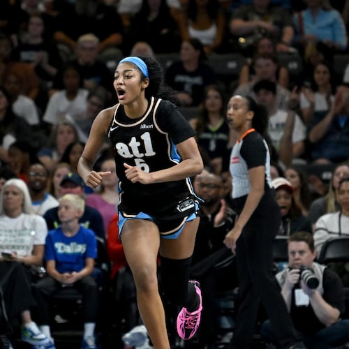 Atlanta Dream forward Angel Reese reacts after scoring during the first half in a WNBA basketball game at Gateway Center Arena on Friday, May 22, 2026, in Atlanta. (Hyosub Shin/AJC)