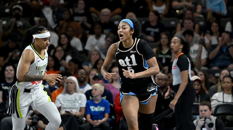Atlanta Dream forward Angel Reese reacts after scoring during the first half in a WNBA basketball game at Gateway Center Arena on Friday, May 22, 2026, in Atlanta. (Hyosub Shin/AJC)