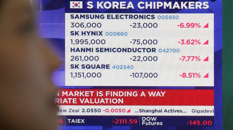 A screen shows the stock prices of South Korean chipmakers at the foreign exchange dealing room of the Hana Bank headquarters in Seoul, South Korea, Monday, June 8, 2026. (AP Photo/Ahn Young-joon)
