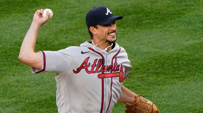 Atlanta Braves starting pitcher Charlie Morton winds up during the first inning of a baseball game against the New York Yankees, Tuesday, April 20, 2021, at Yankee Stadium in New York. (AP Photo/Kathy Willens)