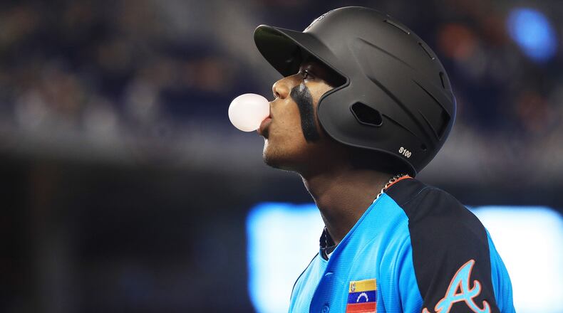 Braves prospect Ronald Acuna looks on against the U.S. Team during the SiriusXM All-Star Futures Game at Marlins Park on July 9, 2017 in Miami. (Photo by Mike Ehrmann/Getty Images)