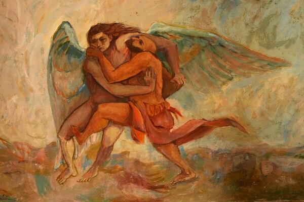 A detail of a fresco painted by a member of the Skowhegan School of Painting and Sculpture is seen on a wall at the South Solon Meeting House, Sunday, April 6, 2025, in Solon, Maine. (AP Photo/Robert F. Bukaty)