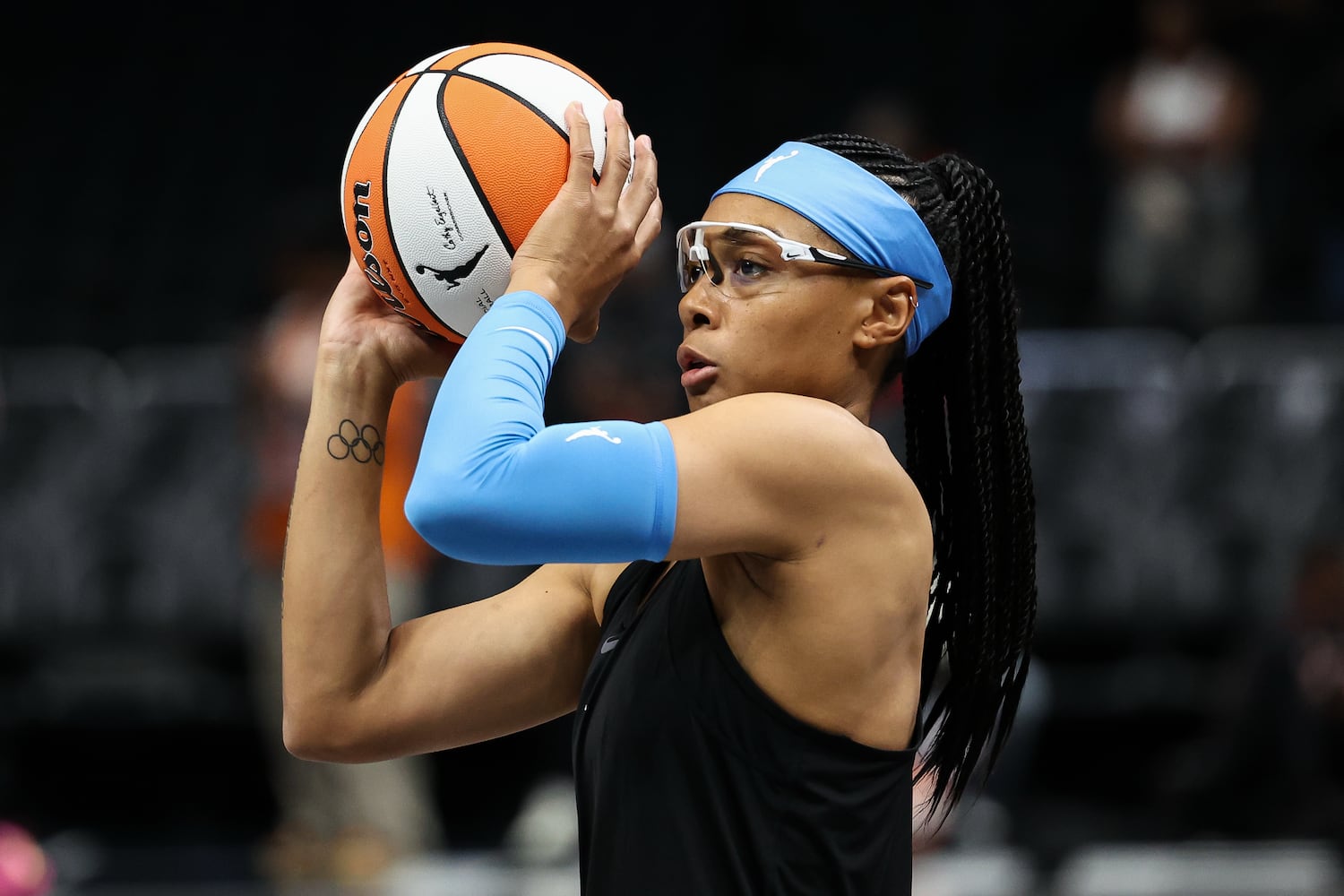 Dream guard Allisha Gray shoots during pregame warmups before the start of their game against the Aces Sunday, May 17, 2026, at State Farm Arena in Atlanta. (Colin Hubbard for the AJC) 


