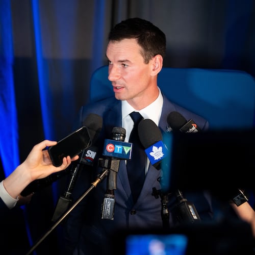FILE - New Toronto Maple Leafs General Manager John Chayka speaks during a scrum following a news conference in Toronto, May 4, 2026. (Arlyn McAdorey/The Canadian Press via AP, File)