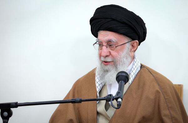 In this photo released by an official website of the office of the Iranian supreme leader, Supreme Leader Ayatollah Ali Khamenei speaks in a meeting with a group of top officials, in Tehran, Iran, Tuesday, April 15, 2025. (Office of the Iranian Supreme Leader via AP)
