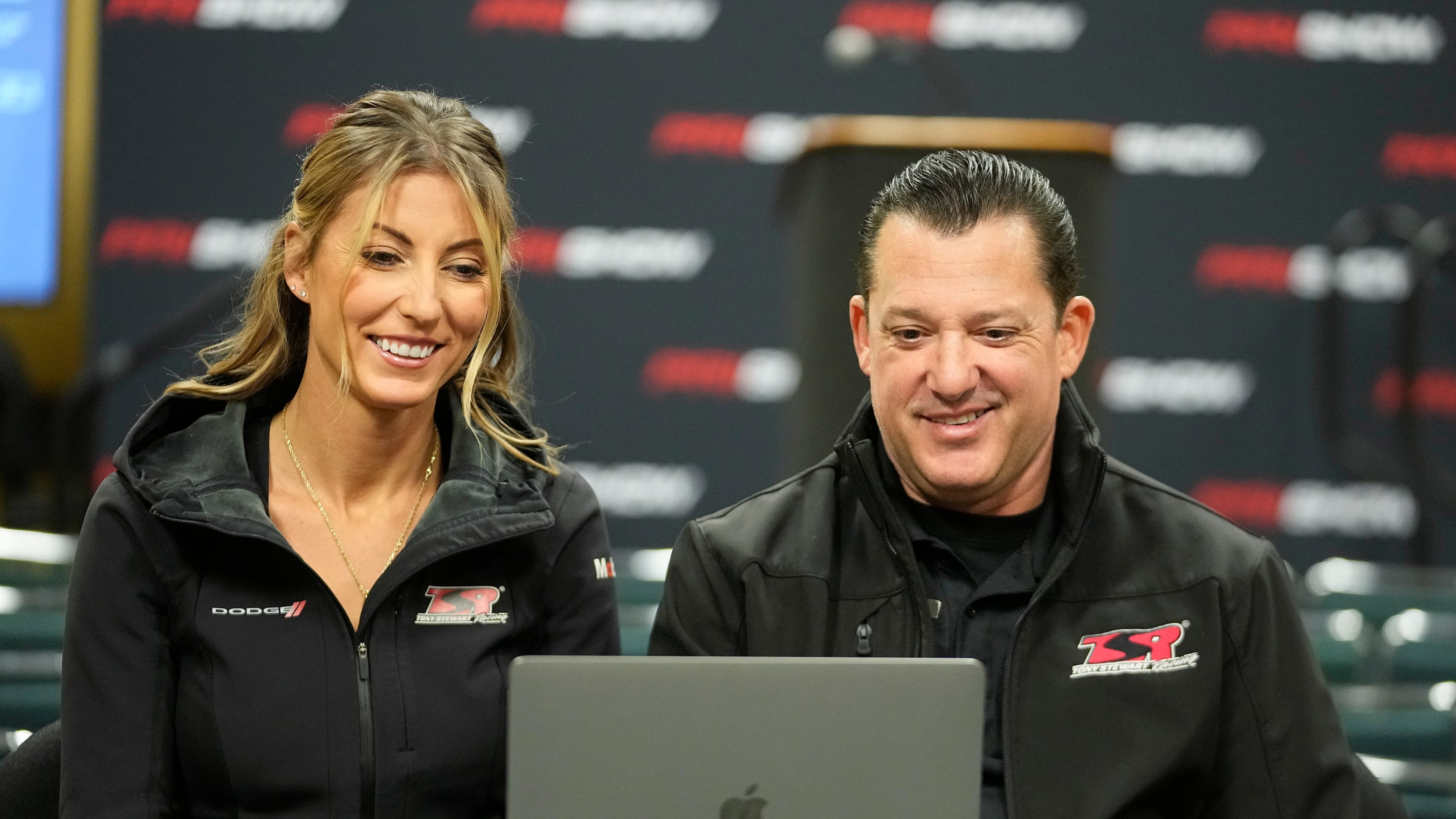 FILE - Leah Pruett and her husband Tony Stewart speak during a news conference, Thursday, Dec. 7, 2023, in Indianapolis. (AP Photo/Darron Cummings, File)